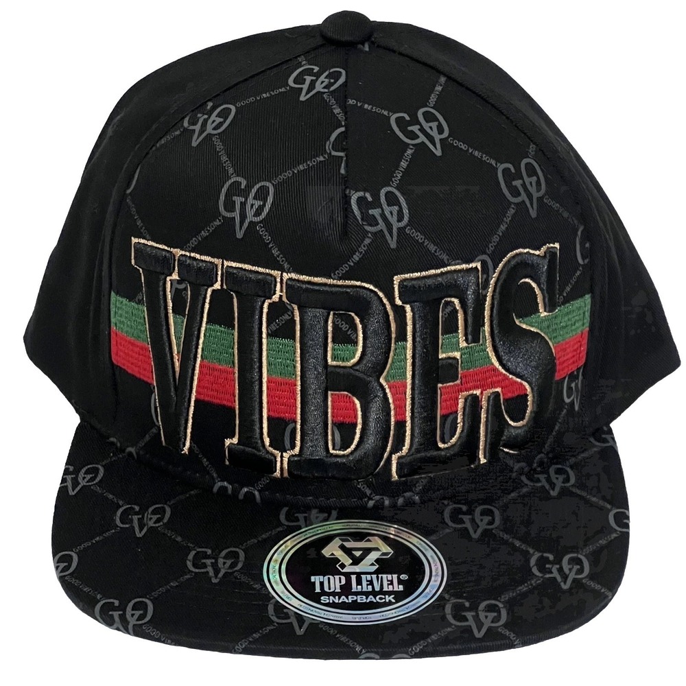 Top Level Snapback‎ Cap VIBES GVO Embroidered Flat Bill Print Black